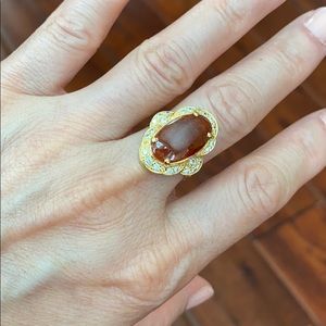 18K Solid Real Gold Red Jade Women Ring Size 6
